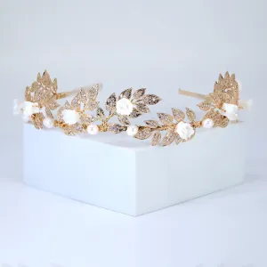 Swarovski Crystal Natural Pearl And Porcelain White Flower Vine Leaves Queen Tiara/Headband , Bridal Crown, Wedding Tiara, Pearl Crown.