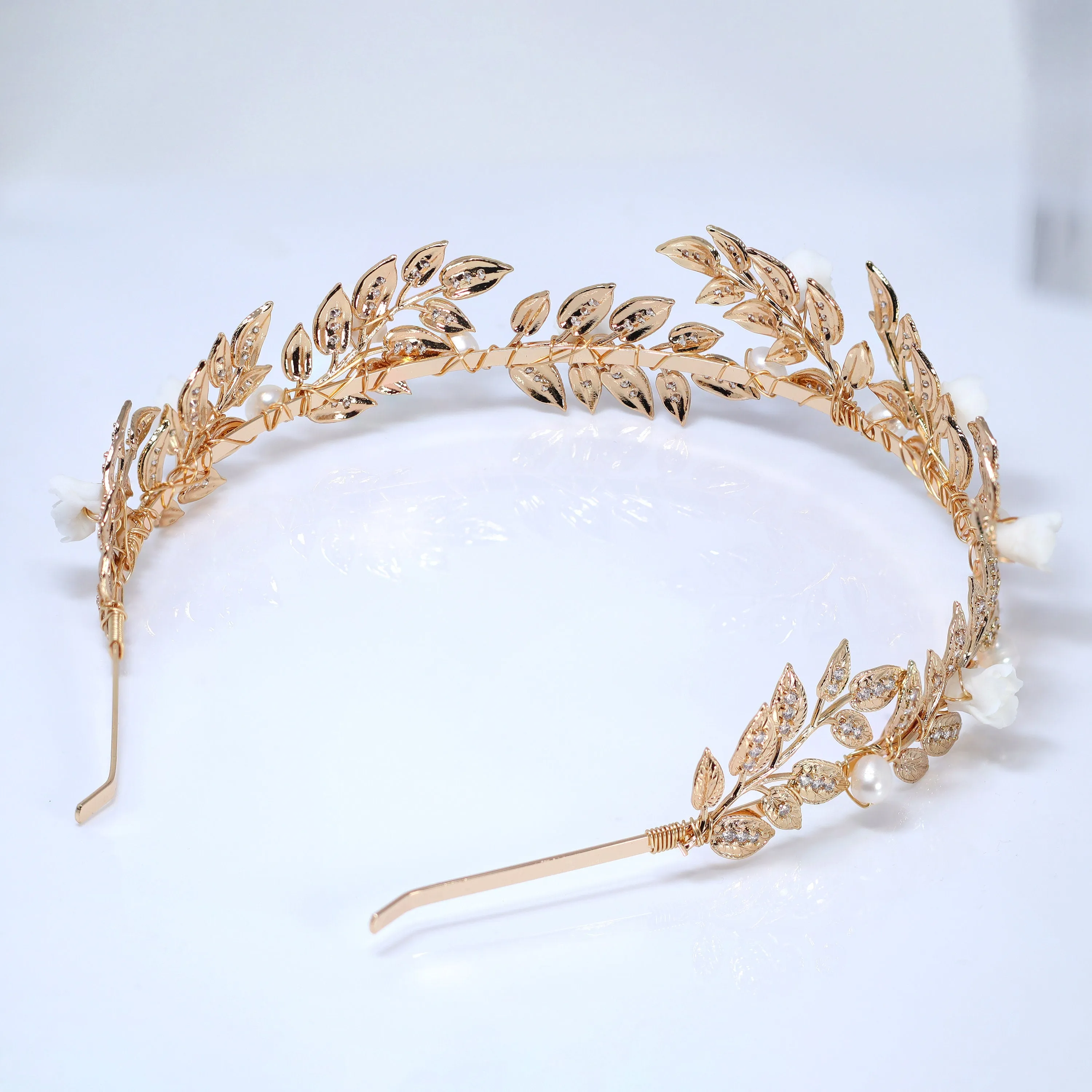 Swarovski Crystal Natural Pearl And Porcelain White Flower Vine Leaves Queen Tiara/Headband , Bridal Crown, Wedding Tiara, Pearl Crown.