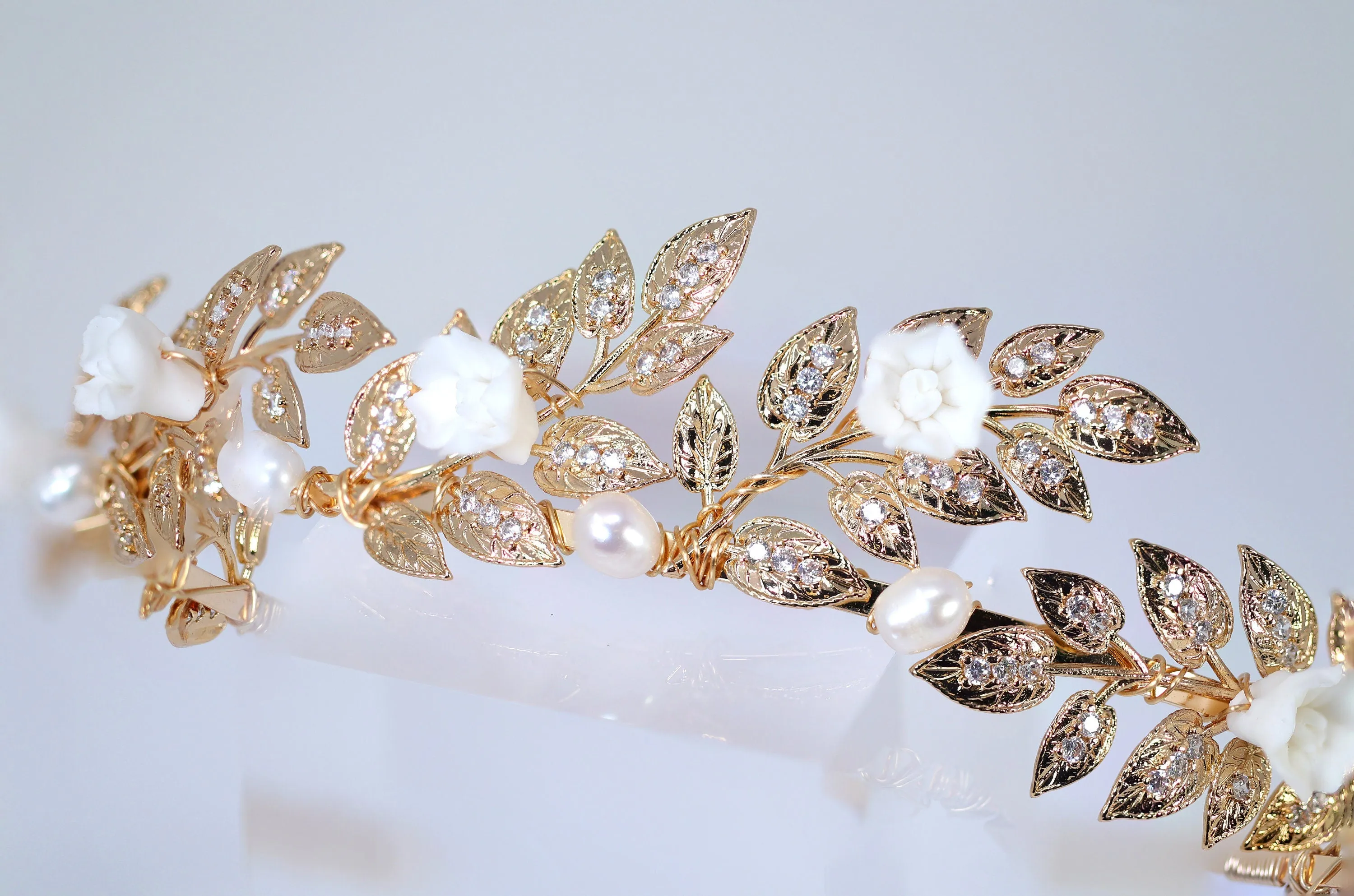 Swarovski Crystal Natural Pearl And Porcelain White Flower Vine Leaves Queen Tiara/Headband , Bridal Crown, Wedding Tiara, Pearl Crown.