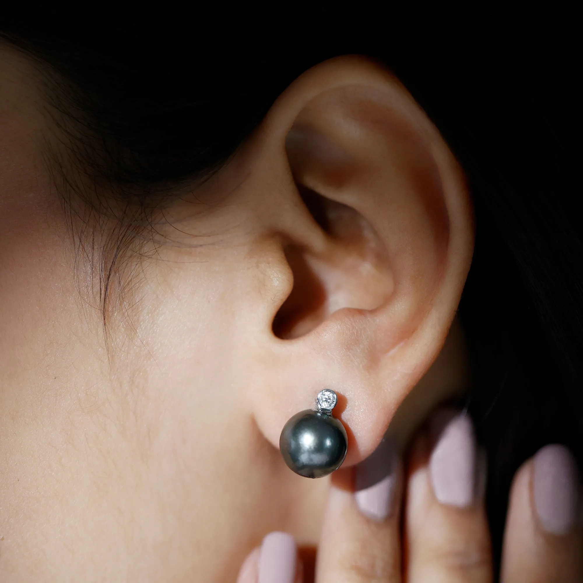 Tahitian Pearl Stud Earrings with Bead Set Moissanite