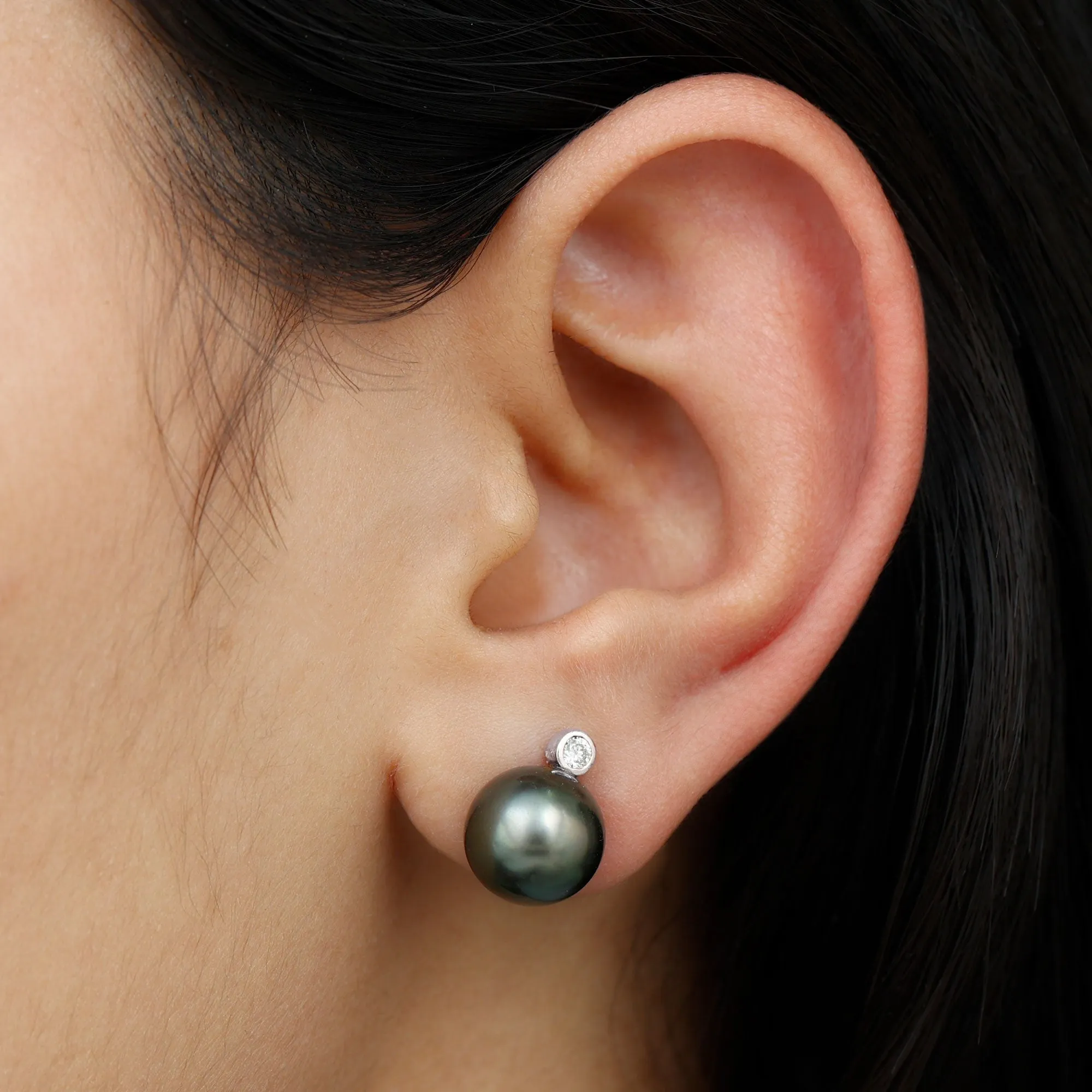 Tahitian Pearl Stud Earrings with Bead Set Moissanite