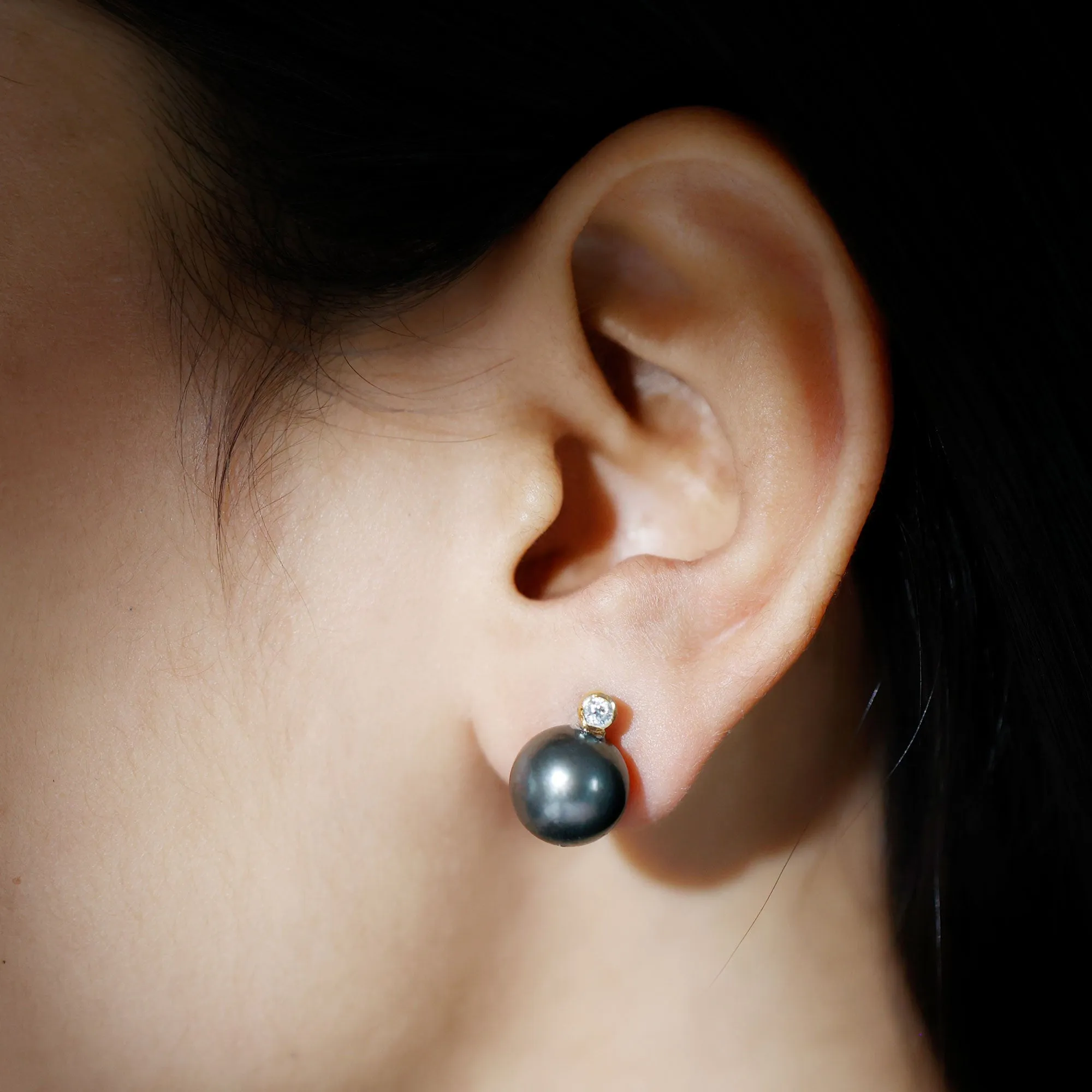 Tahitian Pearl Stud Earrings with Bead Set Moissanite