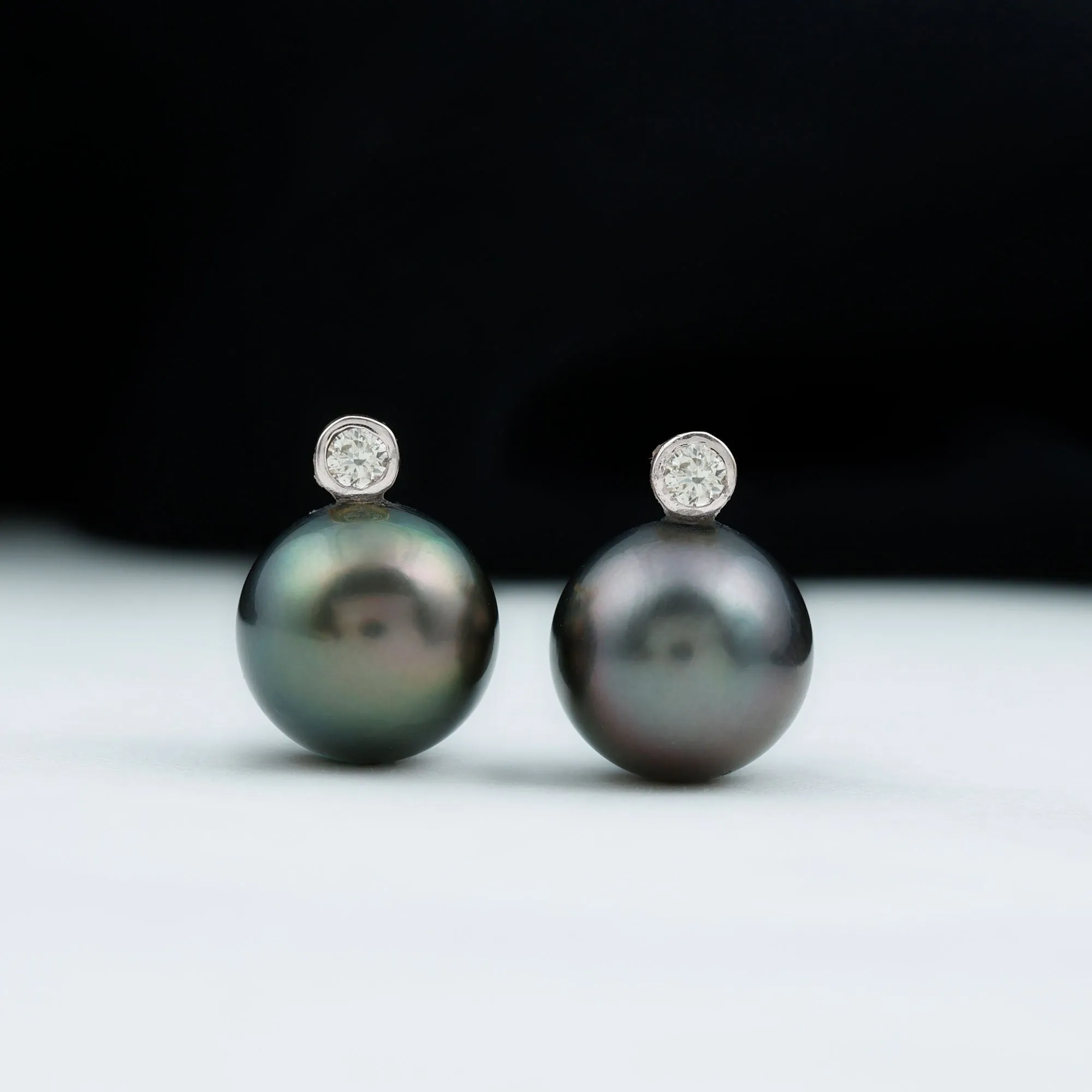 Tahitian Pearl Stud Earrings with Bead Set Moissanite