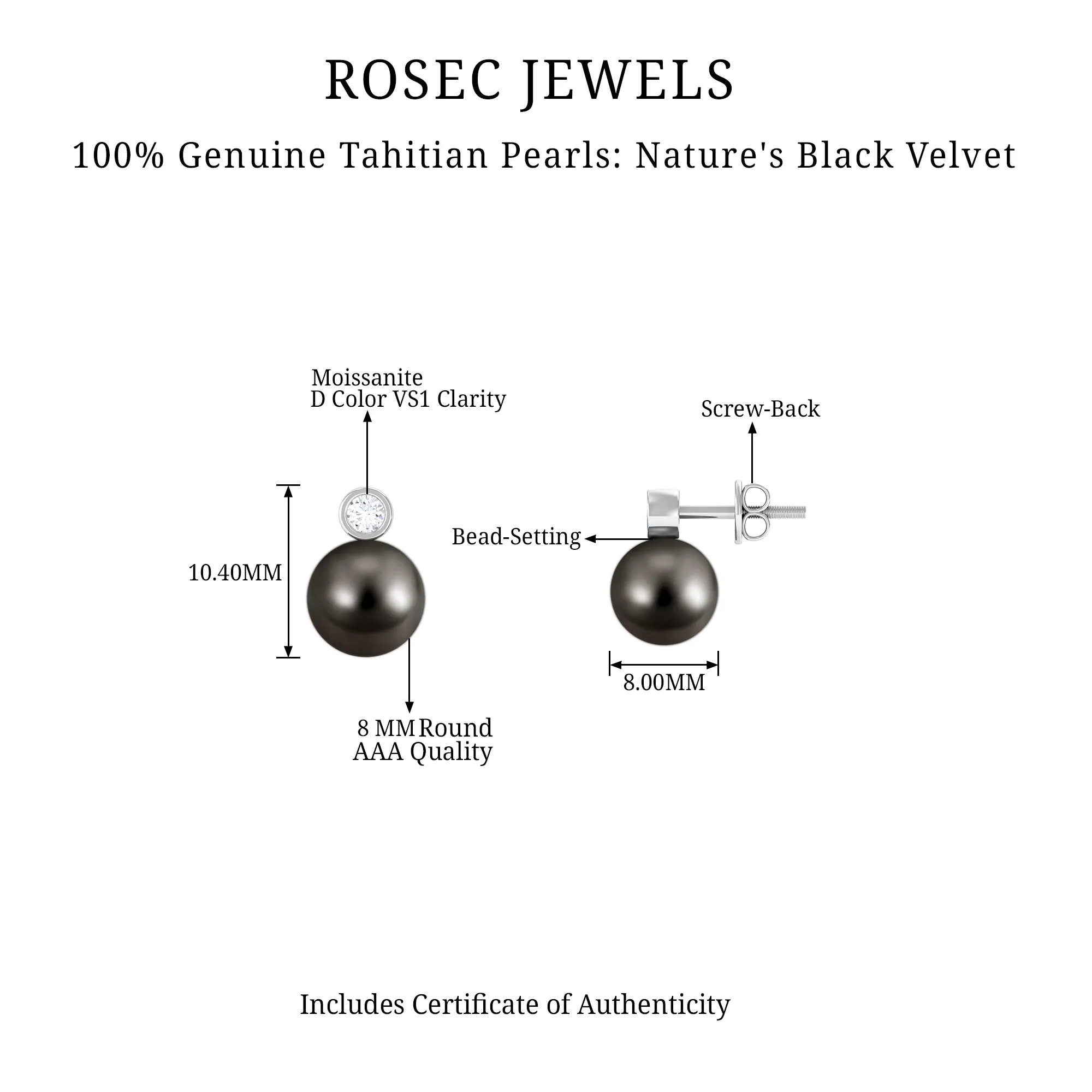 Tahitian Pearl Stud Earrings with Bead Set Moissanite