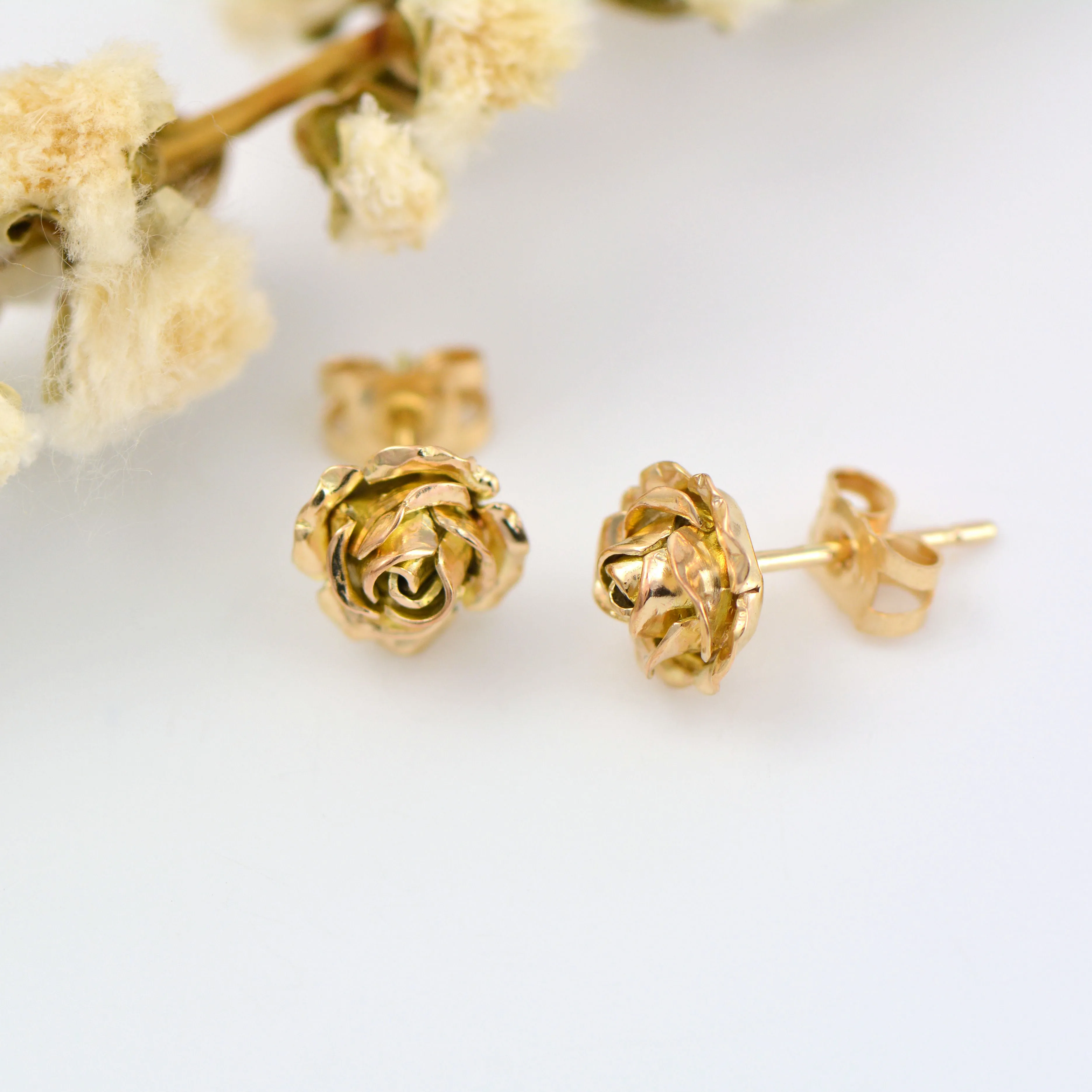 Tiny 9ct gold rose stud earrings - solid gold stud earrings