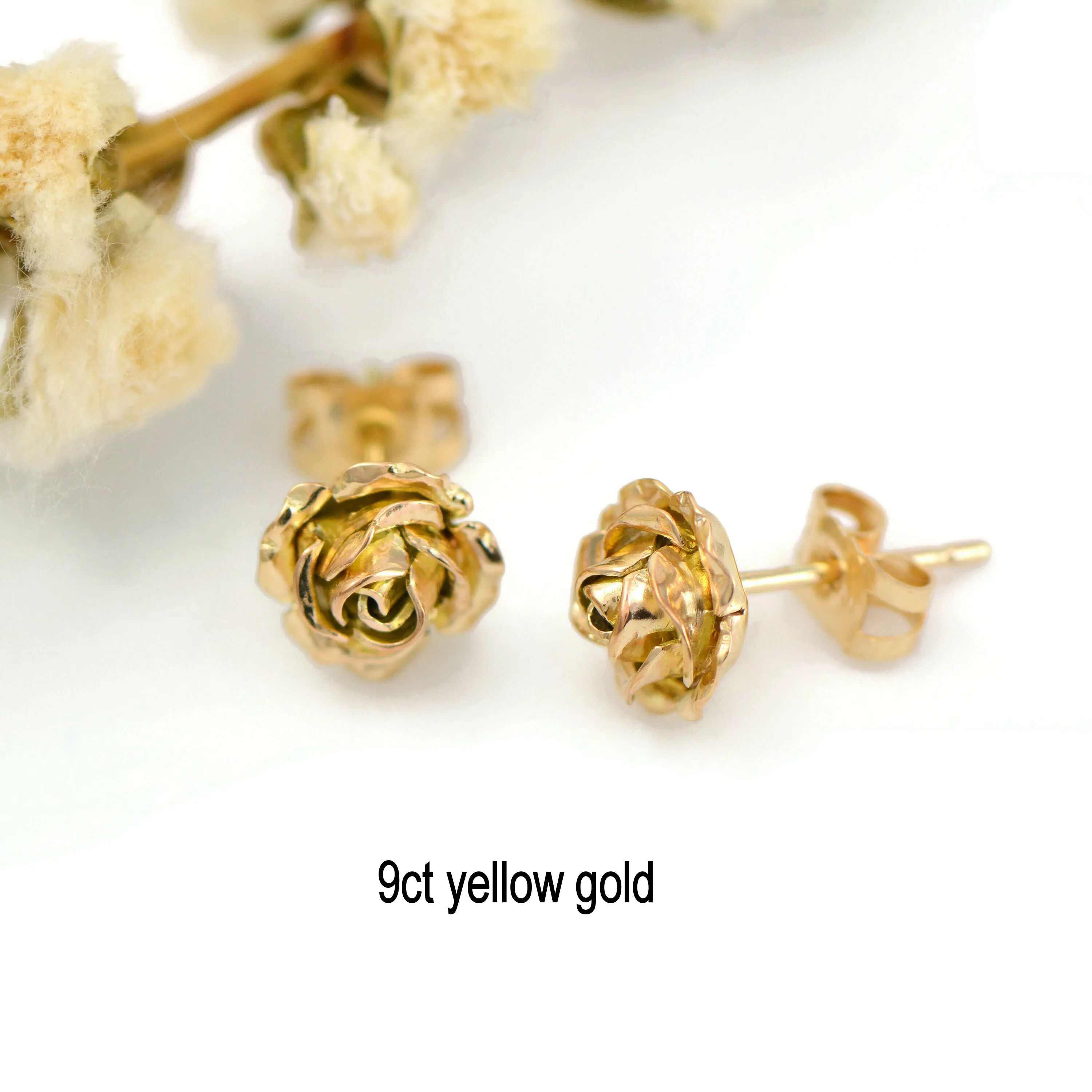 Tiny 9ct gold rose stud earrings - solid gold stud earrings