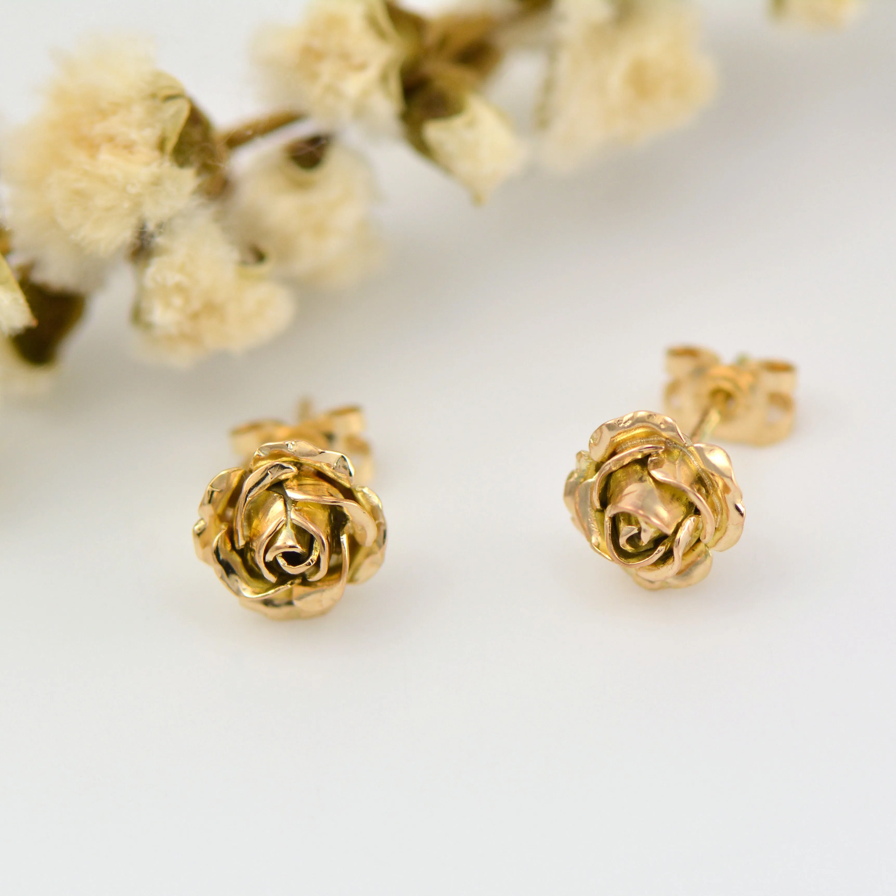 Tiny 9ct gold rose stud earrings - solid gold stud earrings