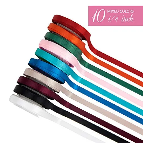 VATIN Solid Color Double Sided Polyester Satin Ribbon 10 Colors 1/4 inch X 5 Yard Each Total 50 Yds Per Package Ribbon Set #5