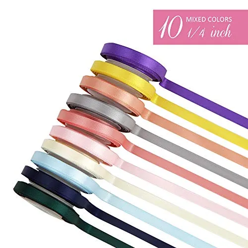 VATIN Solid Color Double Sided Polyester Satin Ribbon 10 Colors 1/4" X 5 Yard Each Total 50 Yds Per Package Ribbon Set #4