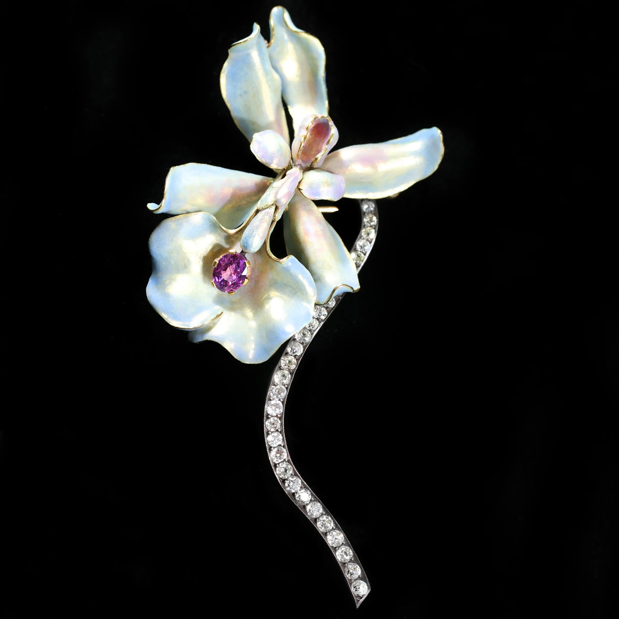 Victorian 1.33 Carat Pink Sapphire, Diamond, and Enamel Brooch