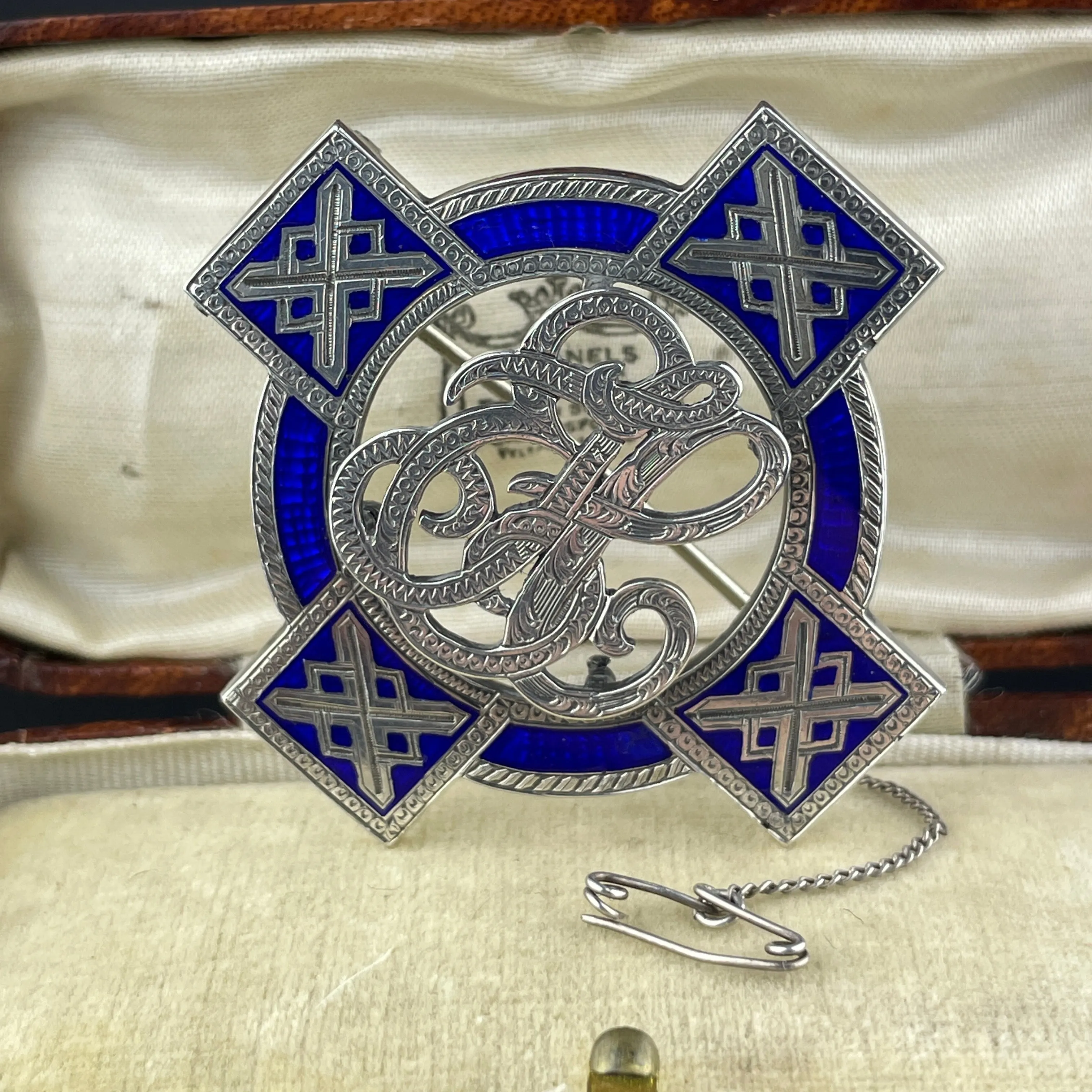 Victorian Cobalt Blue Guilloche Enamel Silver Brooch