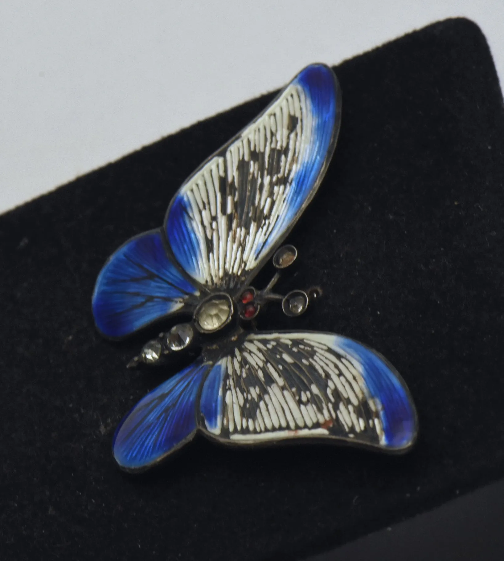 Vintage 935 Silver Enamel and Rhinestones Butterfly Brooch - Damaged