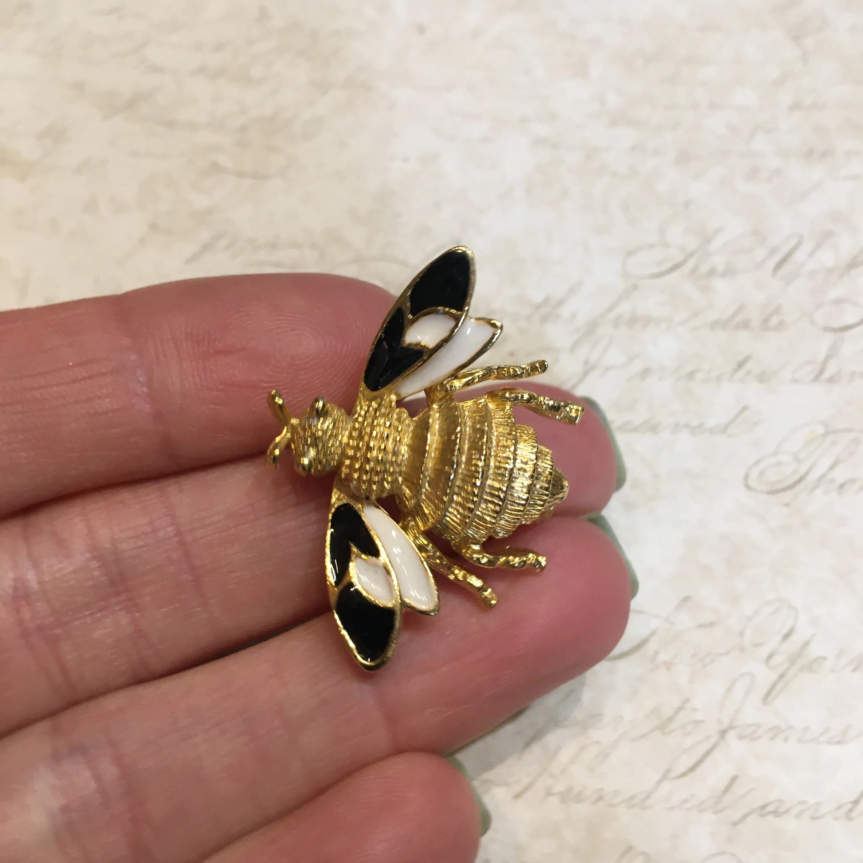 Vintage Bee Brooch Black White Enamel