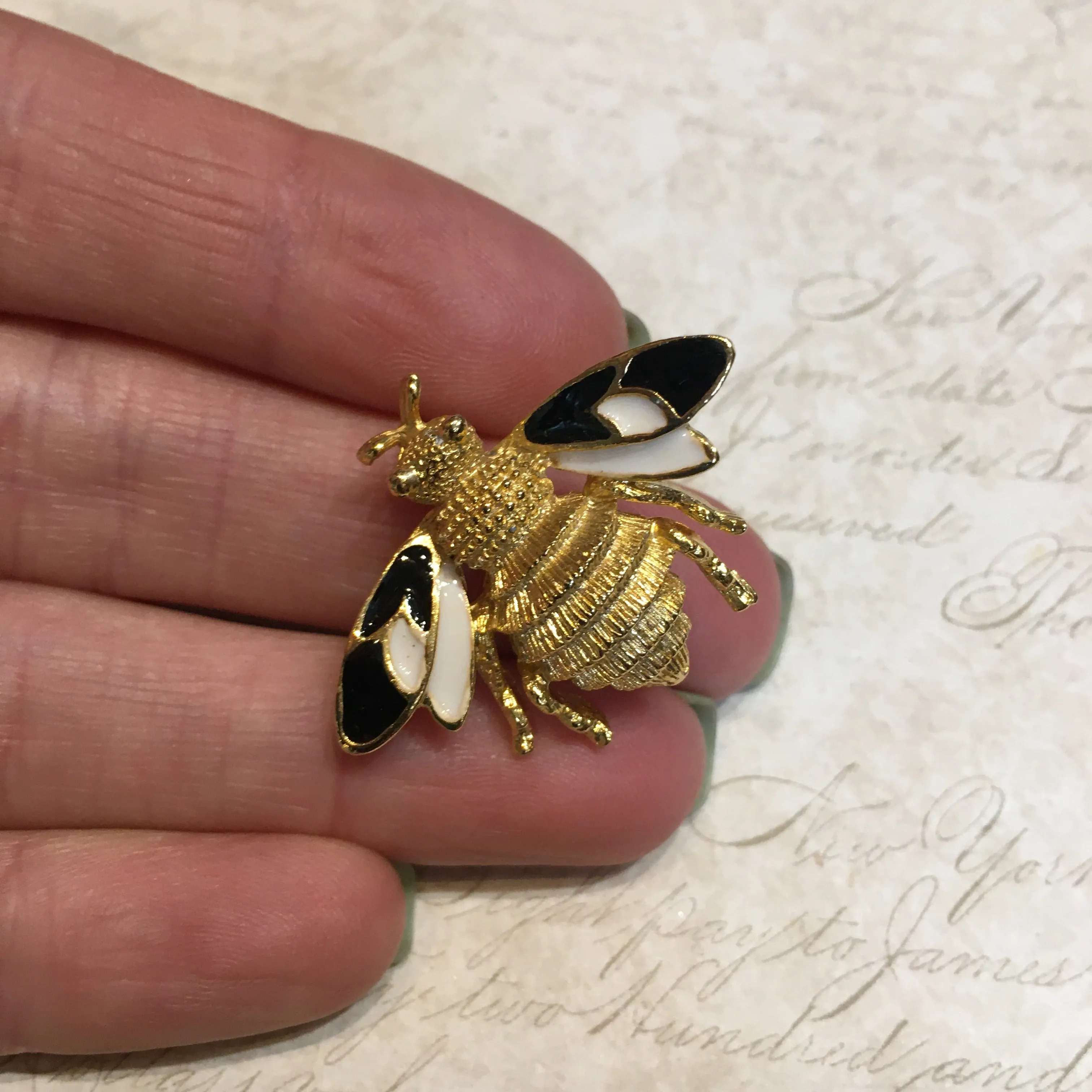 Vintage Bee Brooch Black White Enamel