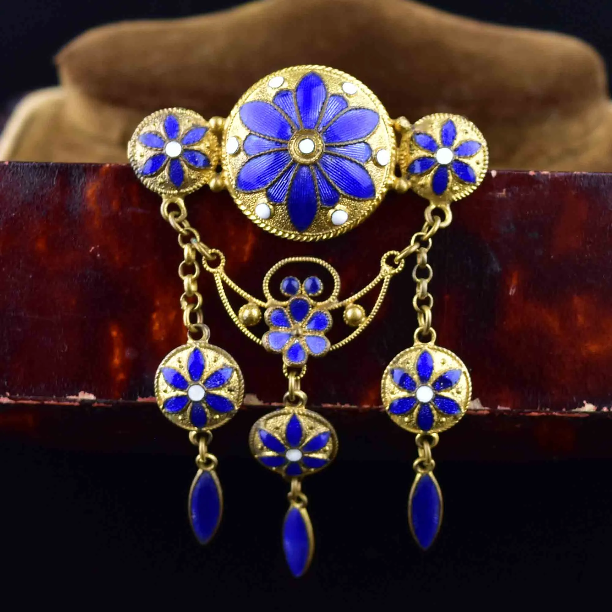 Vintage Blue Enamel Floral Art Nouveau Brooch