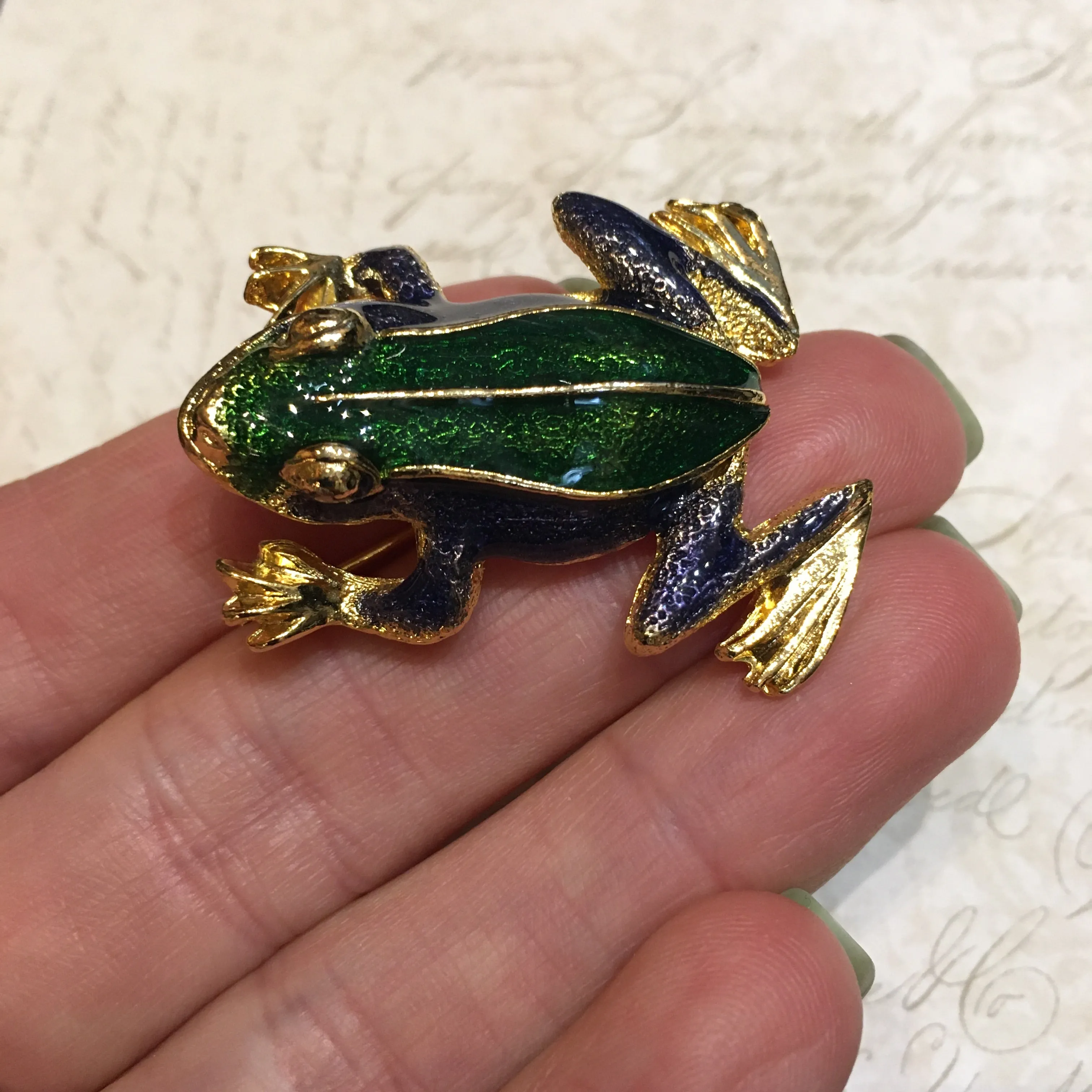 Vintage Frog Brooch Green Blue Enamel Gold