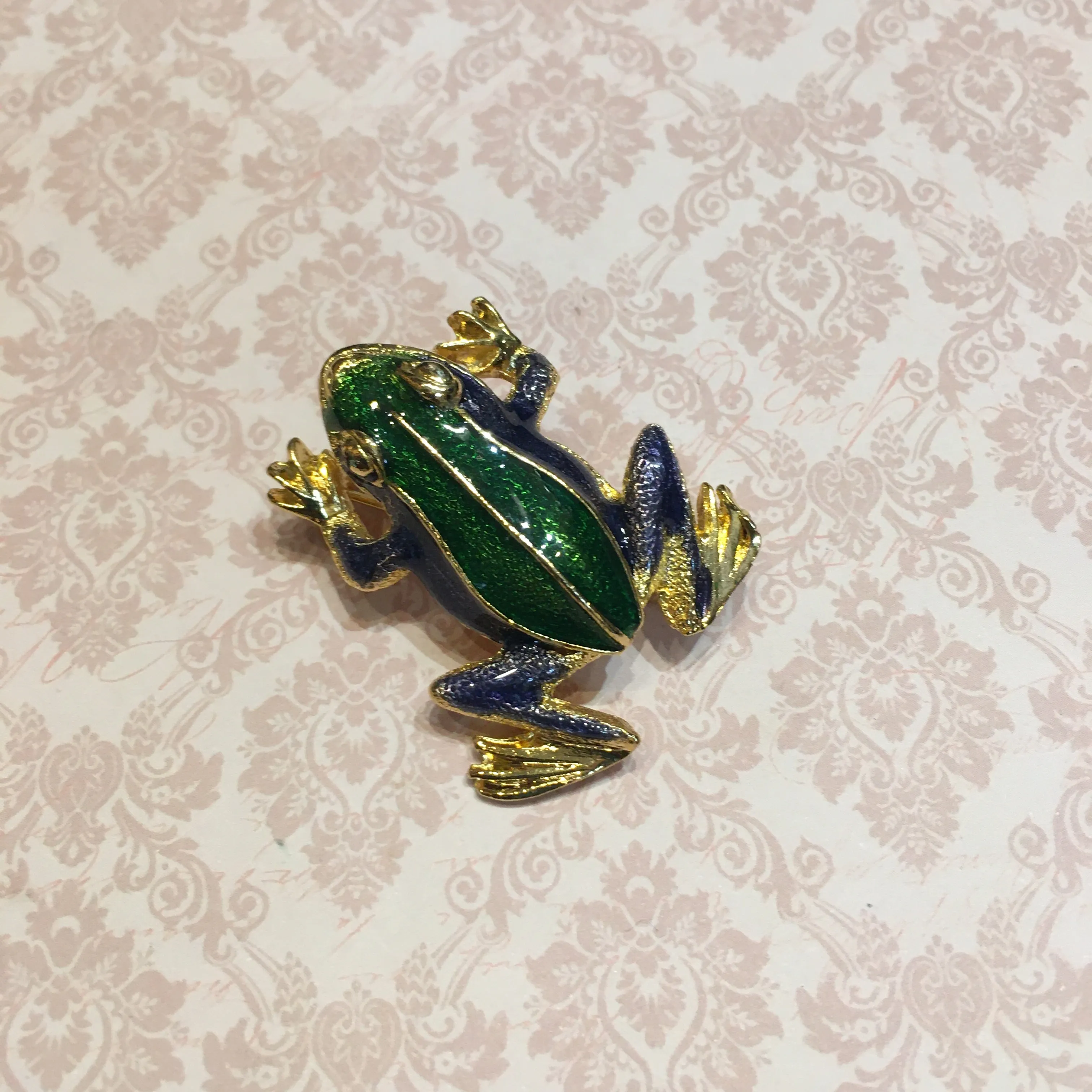 Vintage Frog Brooch Green Blue Enamel Gold