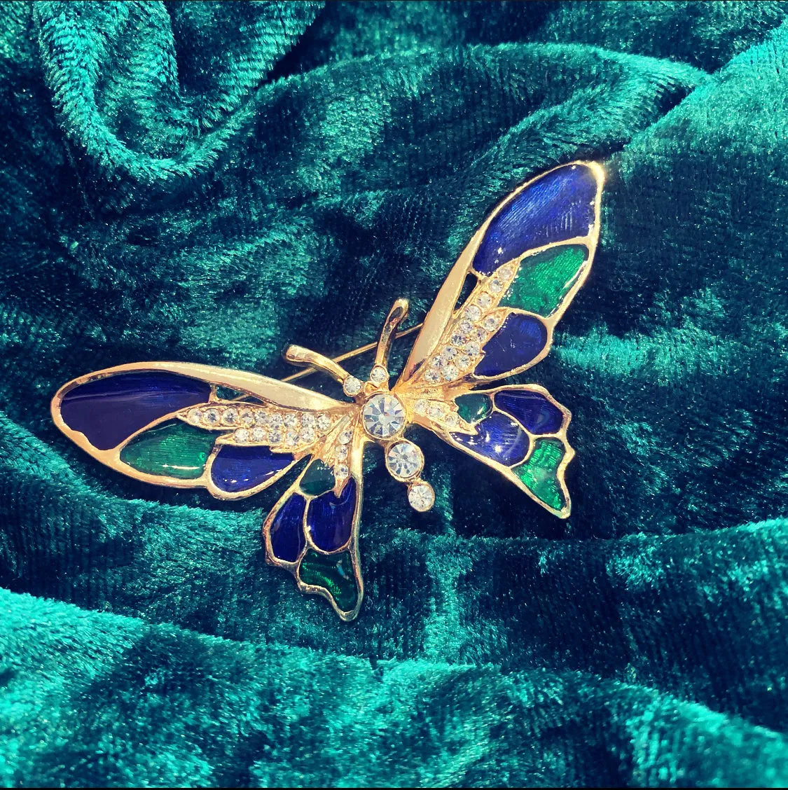 Vintage Green Blue Enamel Butterfly Brooch