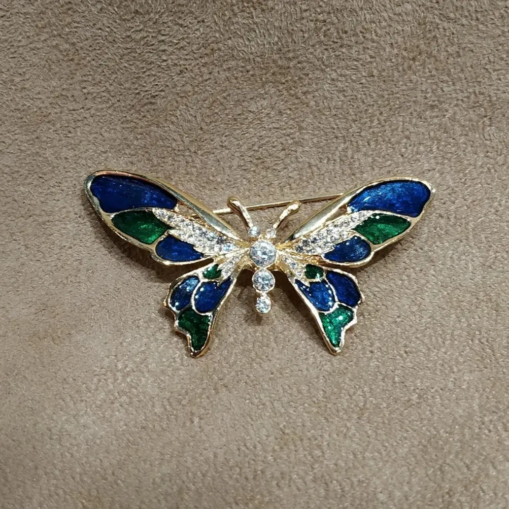 Vintage Green Blue Enamel Butterfly Brooch