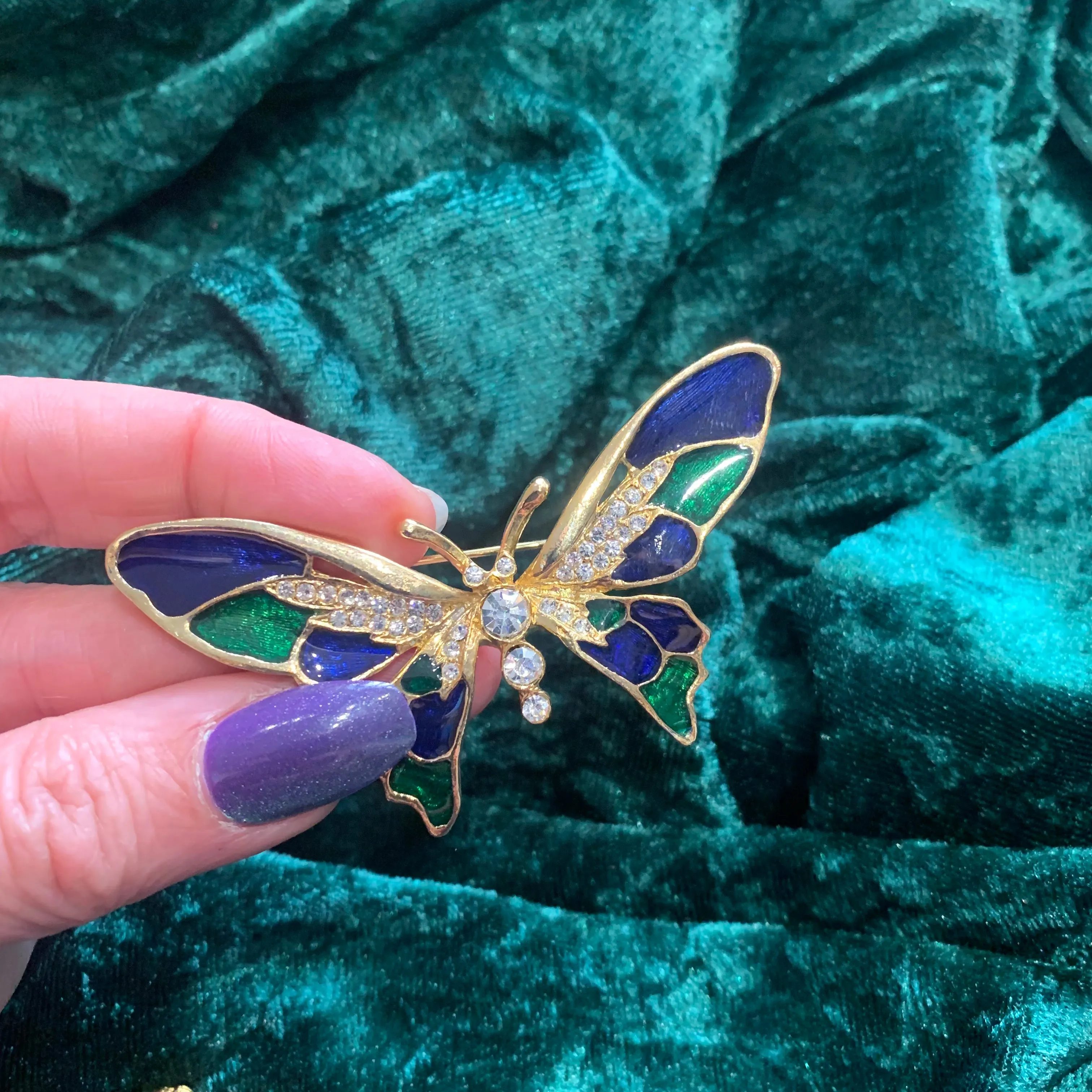 Vintage Green Blue Enamel Butterfly Brooch