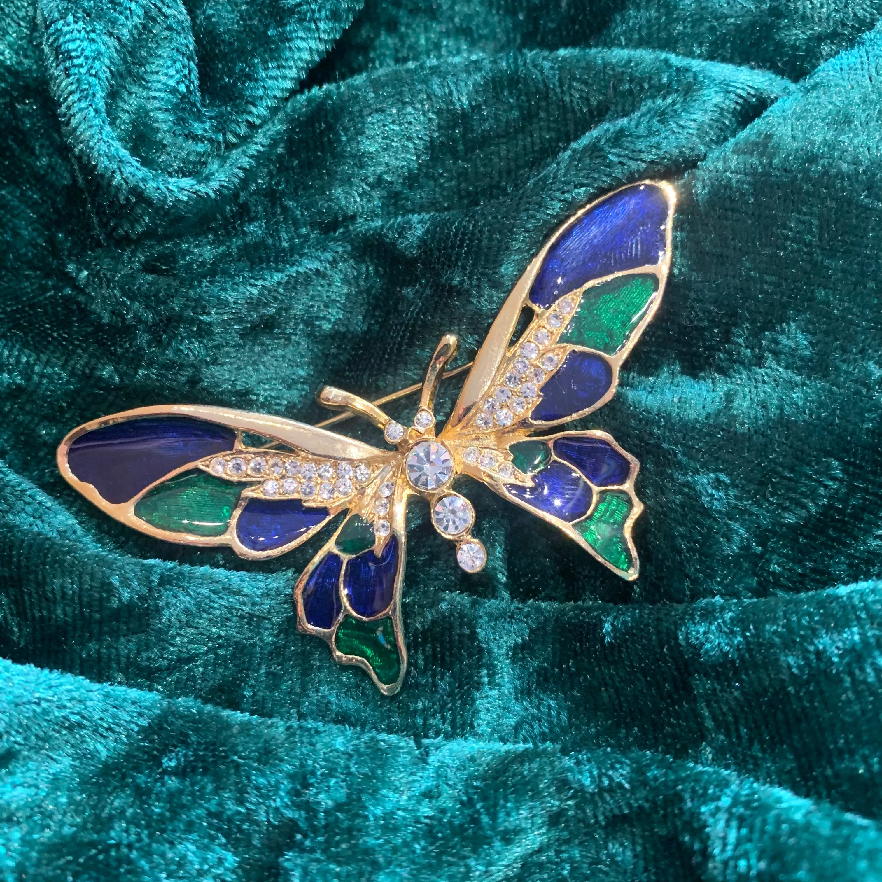 Vintage Green Blue Enamel Butterfly Brooch