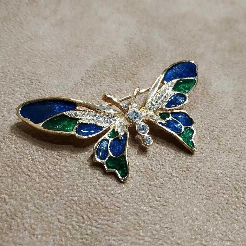 Vintage Green Blue Enamel Butterfly Brooch