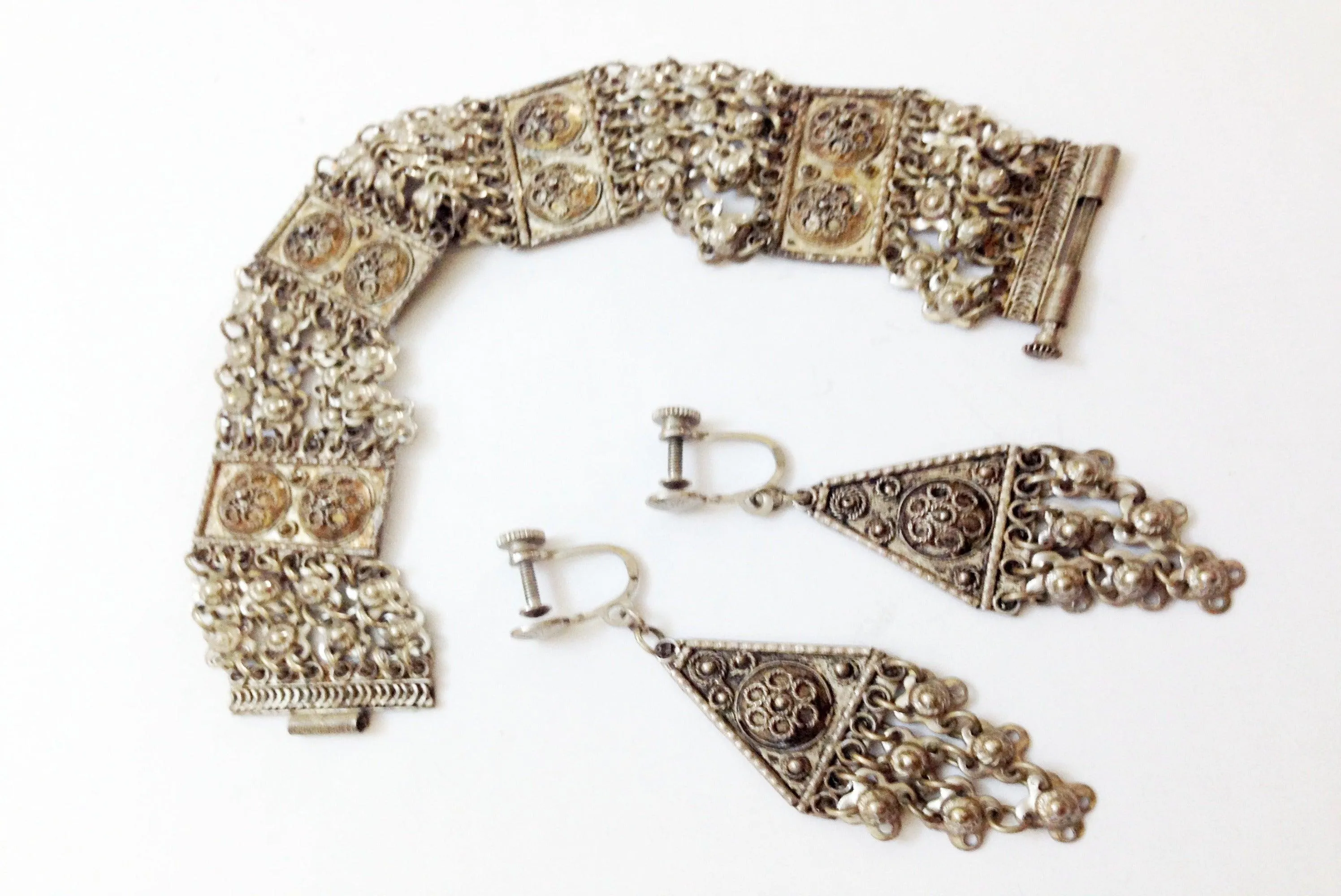 Vintage Middle Eastern Set of Silver Bracelet and Screw Back Earrings