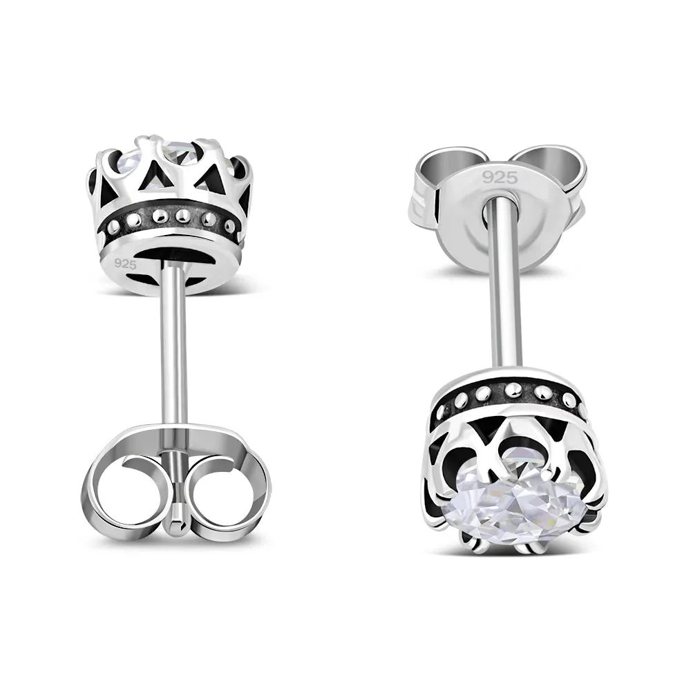 Vintage Royal Crown Ethnic Clear CZ Sterling Silver Stud Earrings