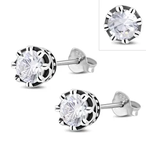 Vintage Royal Crown Ethnic Clear CZ Sterling Silver Stud Earrings