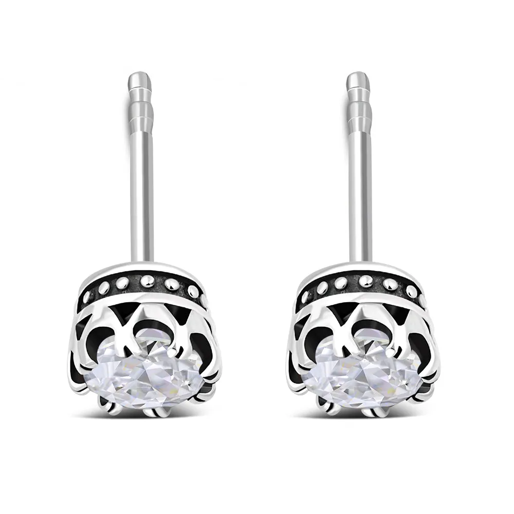 Vintage Royal Crown Ethnic Clear CZ Sterling Silver Stud Earrings