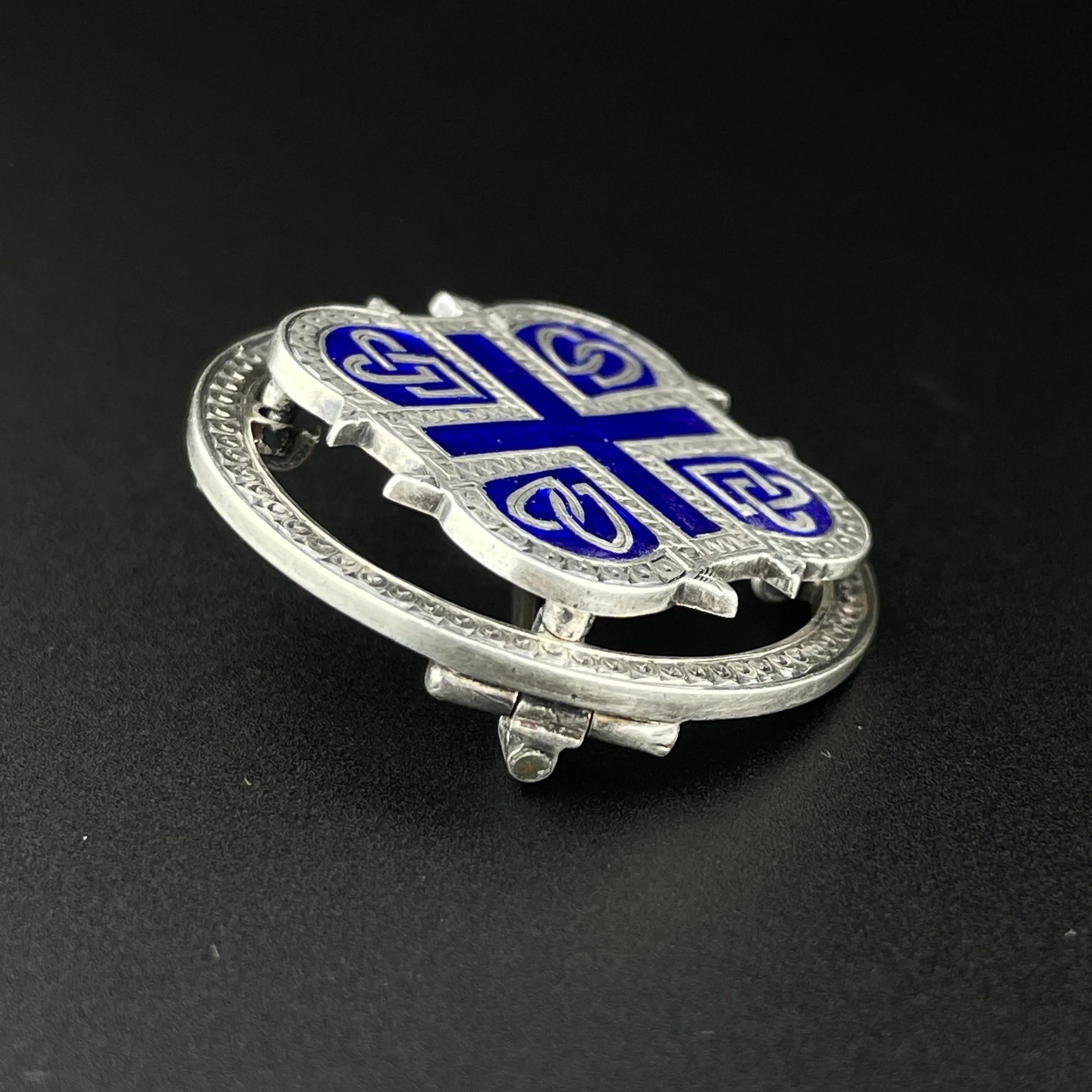 Vintage Victorian Celtic Silver Cobalt Blue Enamel Brooch