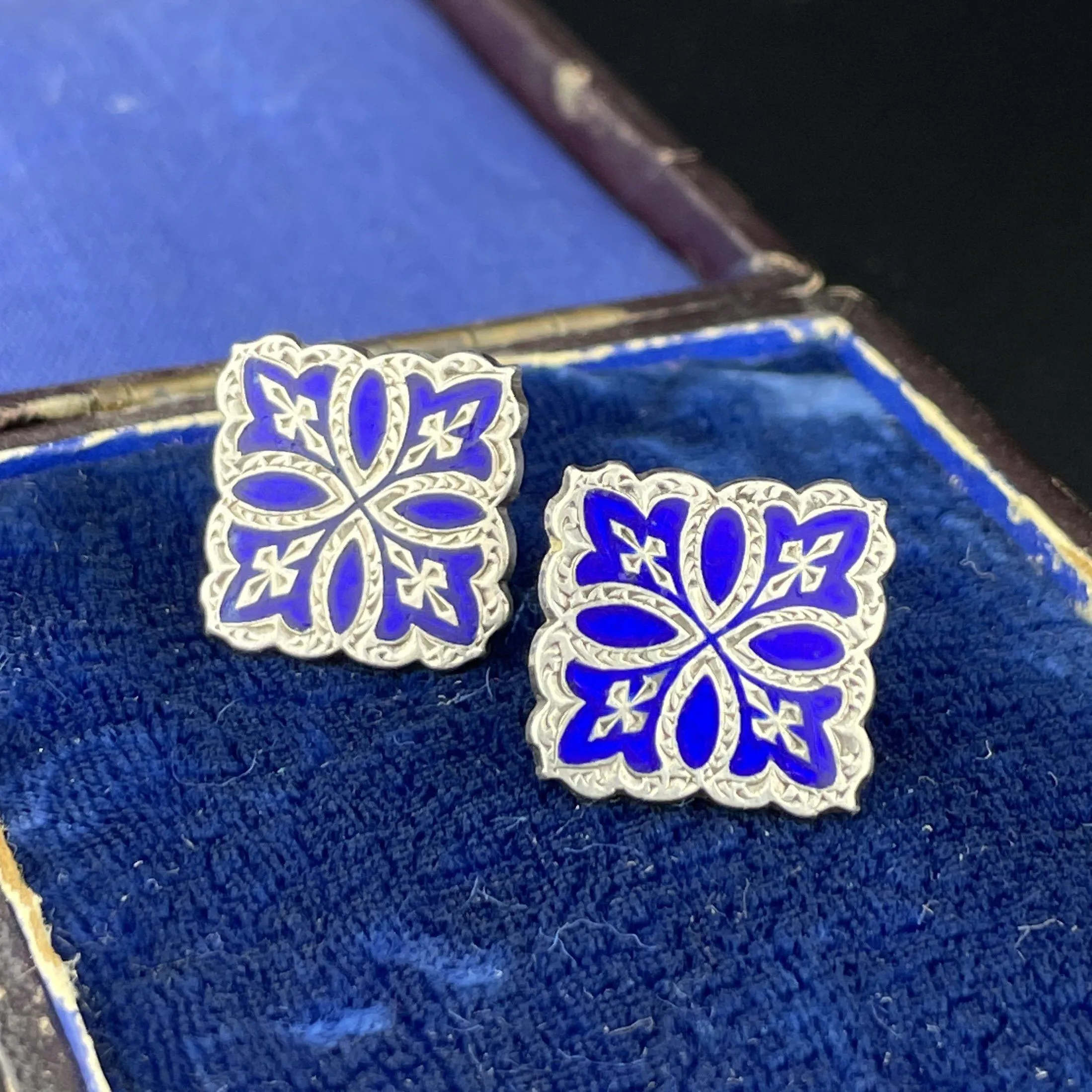 Vintage Victorian Celtic Silver Cobalt Blue Enamel Stud Earrings