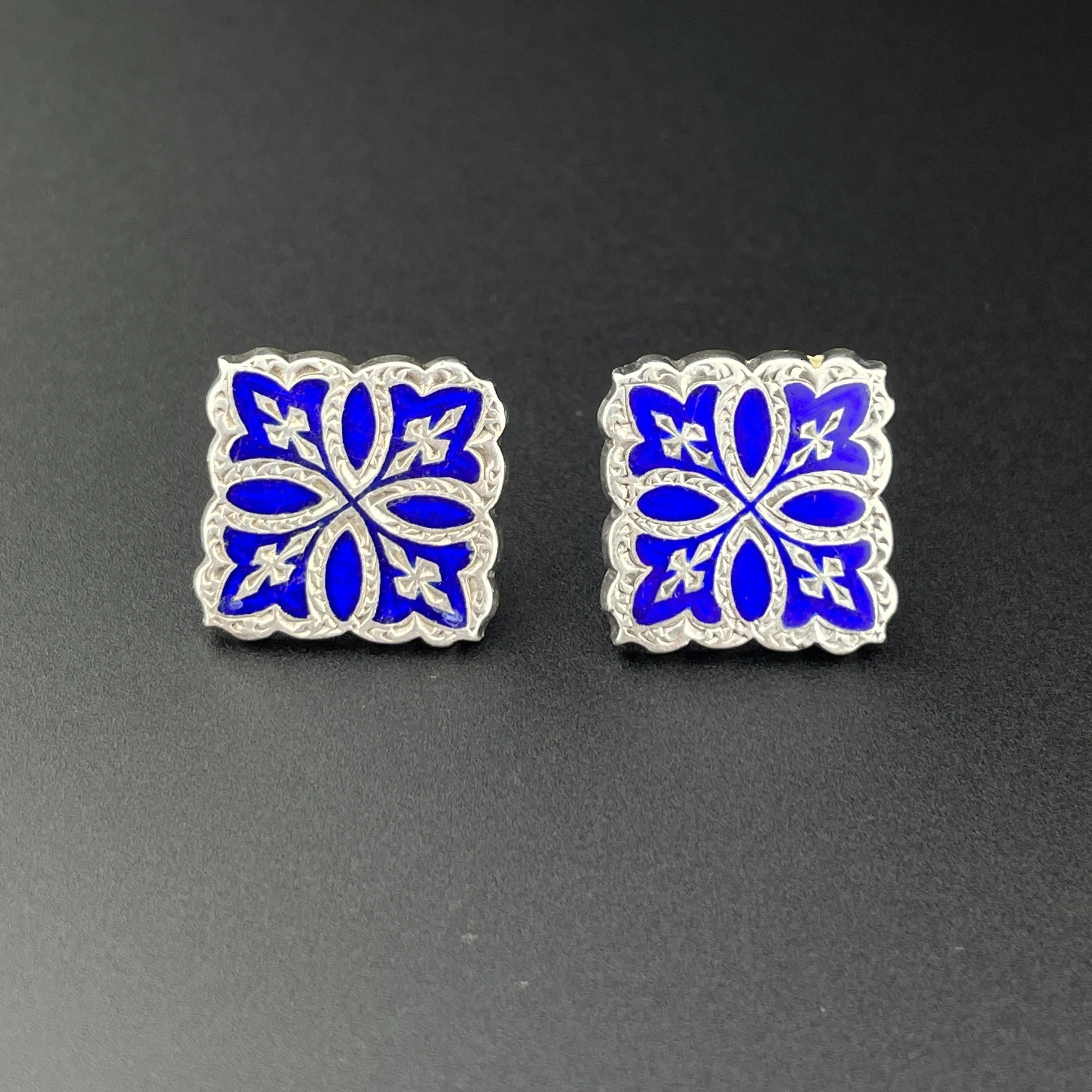 Vintage Victorian Celtic Silver Cobalt Blue Enamel Stud Earrings