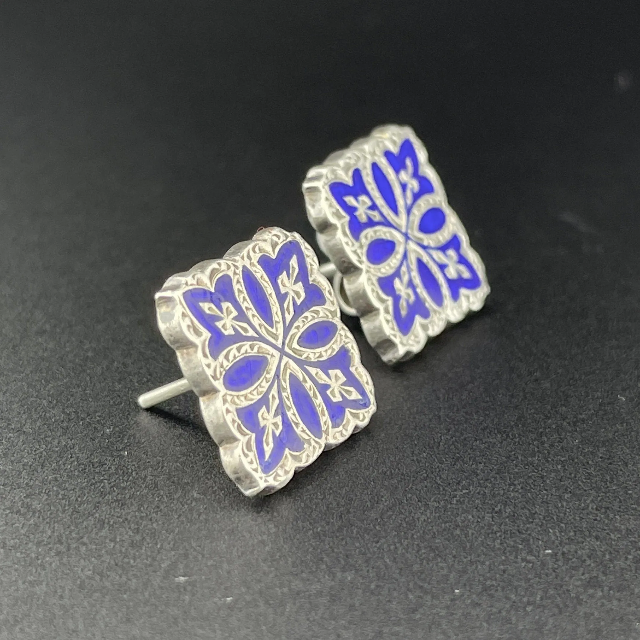 Vintage Victorian Celtic Silver Cobalt Blue Enamel Stud Earrings