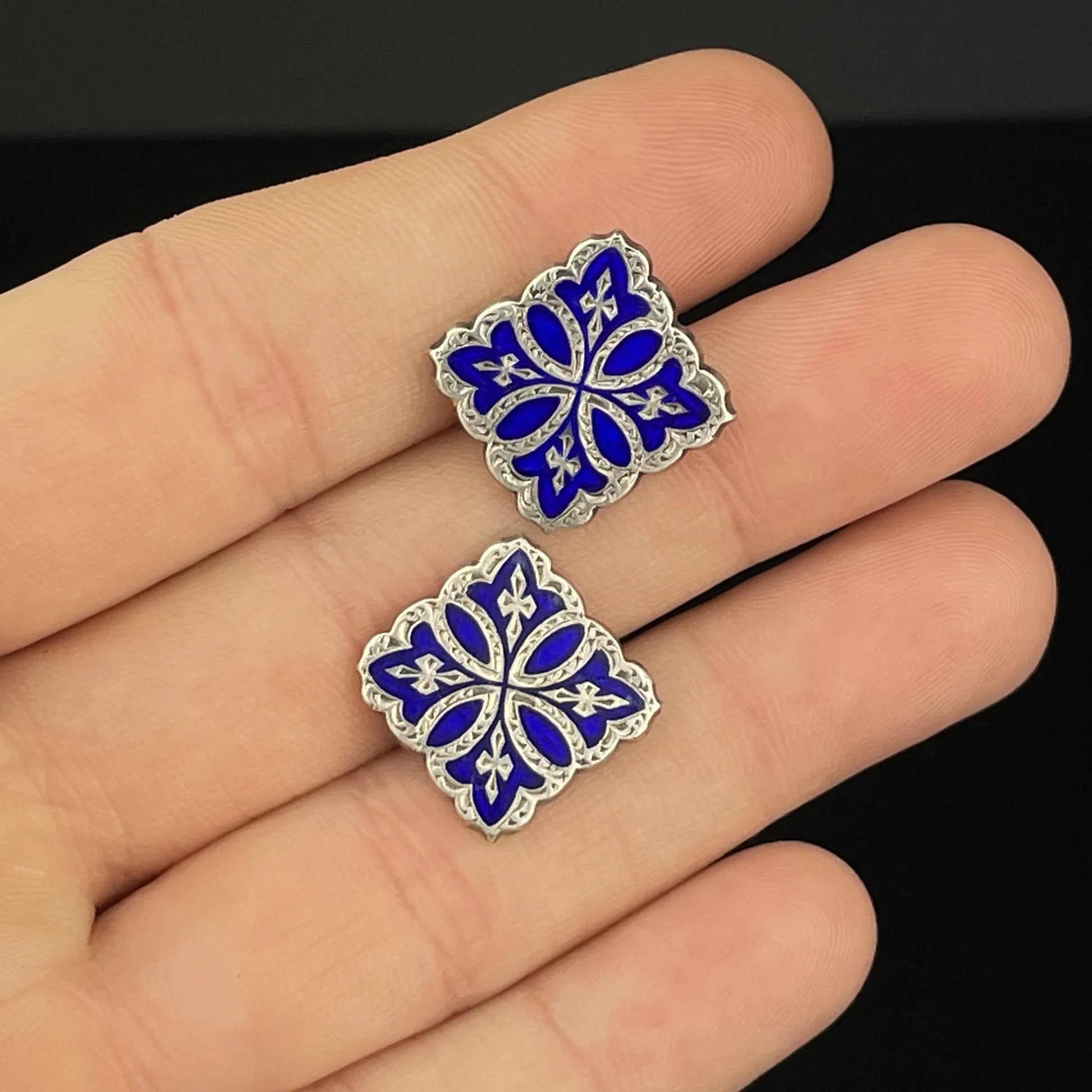 Vintage Victorian Celtic Silver Cobalt Blue Enamel Stud Earrings