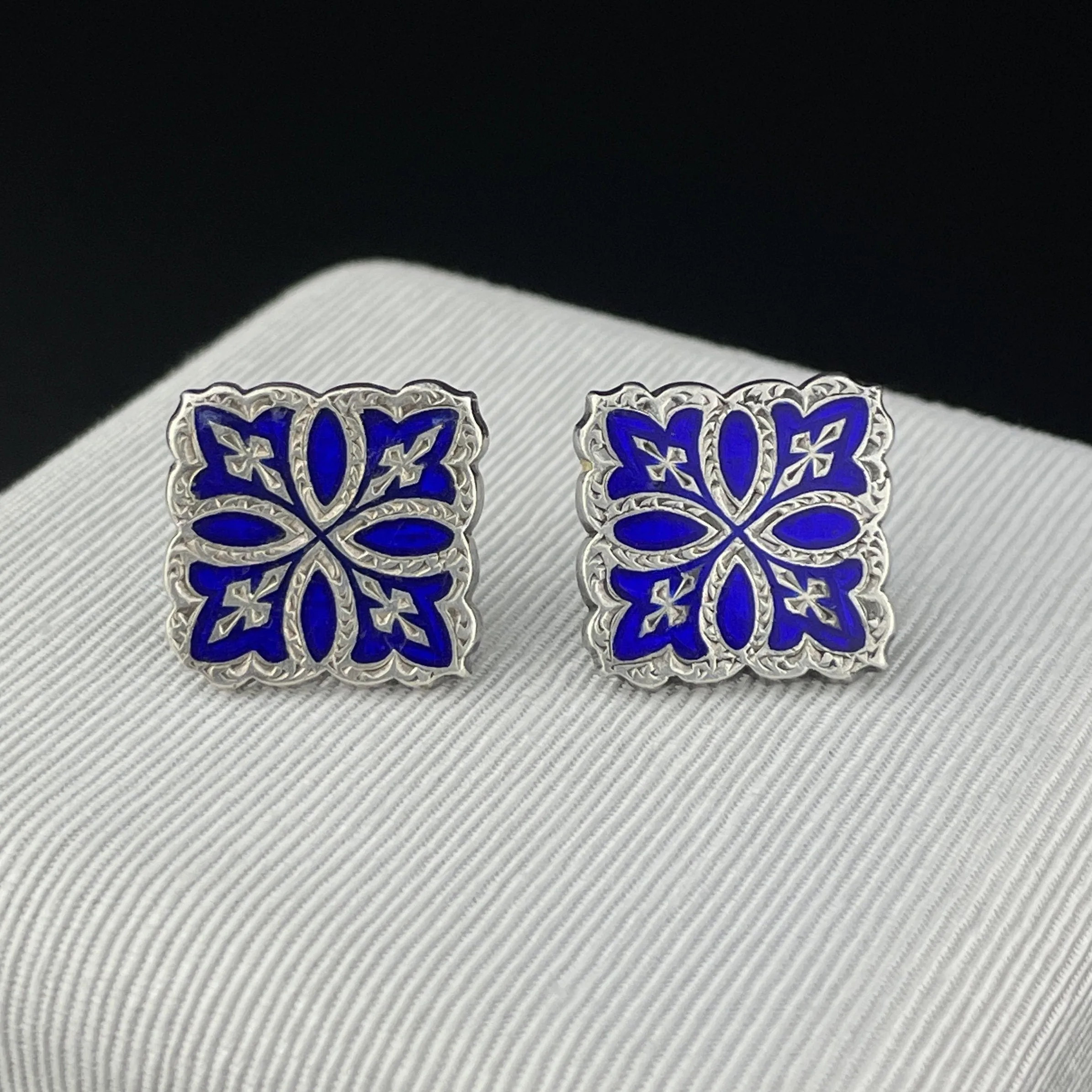 Vintage Victorian Celtic Silver Cobalt Blue Enamel Stud Earrings