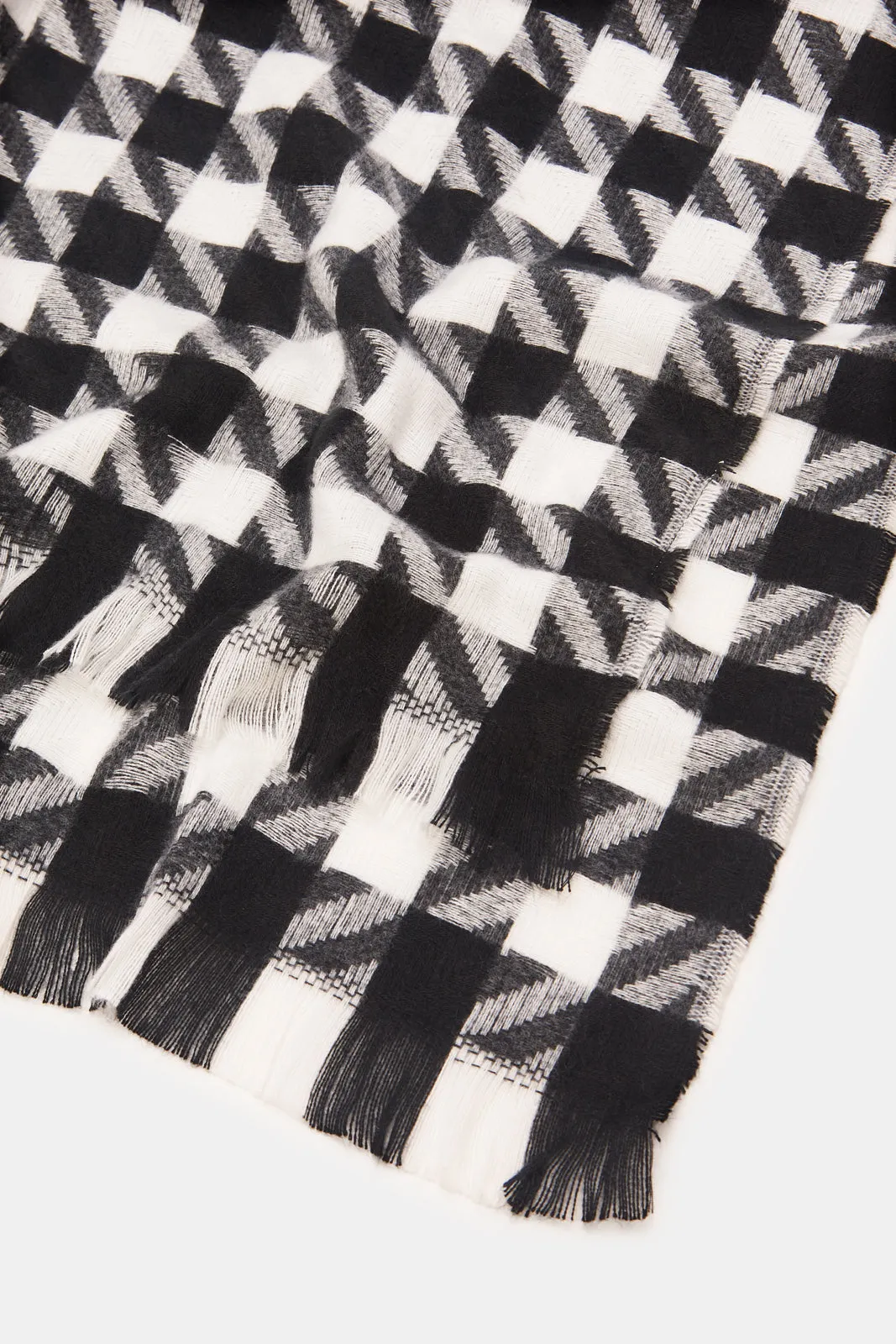 Women Black And White  Printed Knitted Scarf